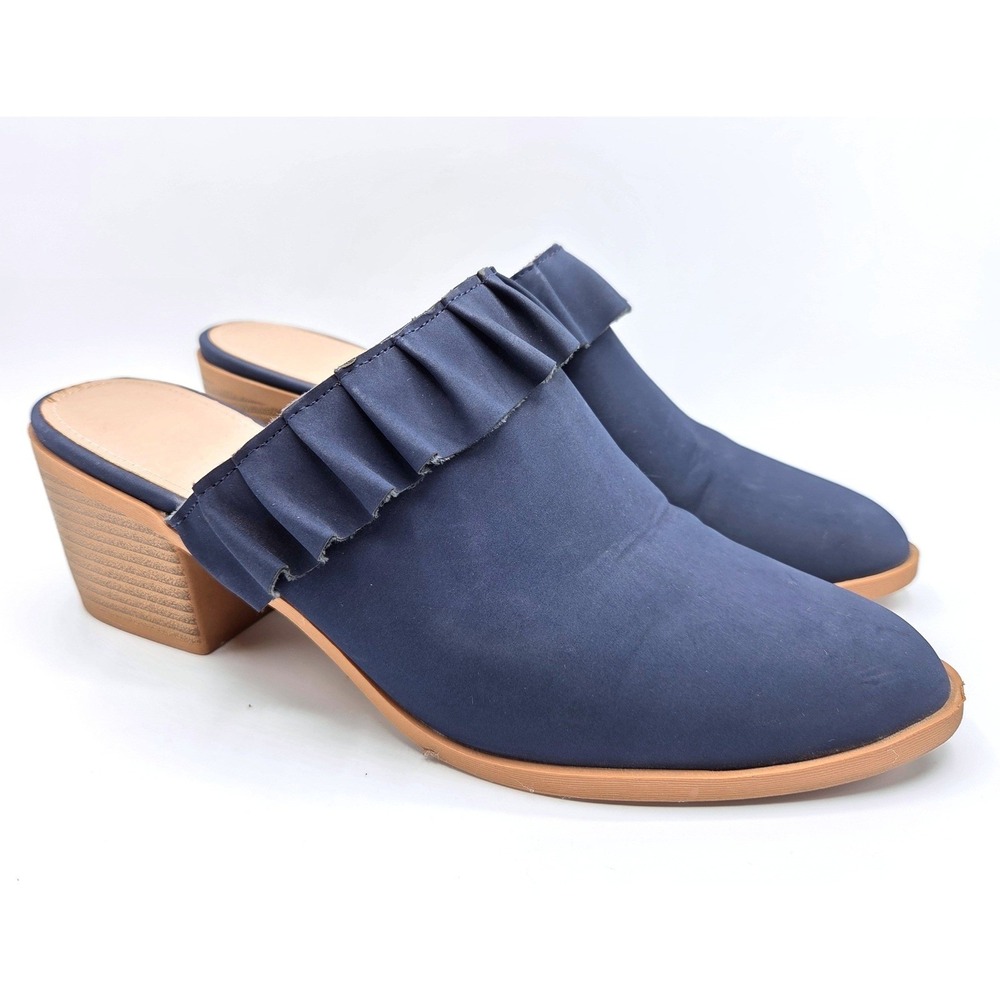 ZBY Womens Mule Clogs Size 8 Blue Ruffle Trim Block Heel Slip On  Boho Chic